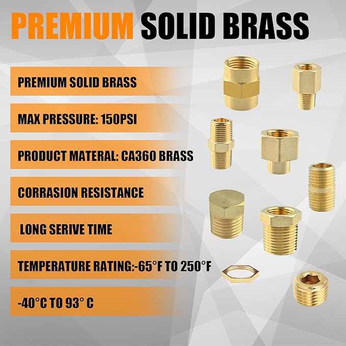 102PCS Brass Pipe Fittings Assortment Kit NPT Adapter, Hex Nipple, Reducer Bushing, Coupling, Reducer Busing, Close Nipple, Hex Head Plug, BulkHead Nut & Countersunk Plug NPT Fittings Kits