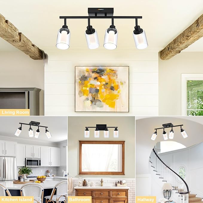 4-Light LED Black Dimmable Track Lighting Kit, 5-Color Temperature Adjustable Directional Ceiling Spotlight, Bathroom Wall Lamp with Integrated LED Chips