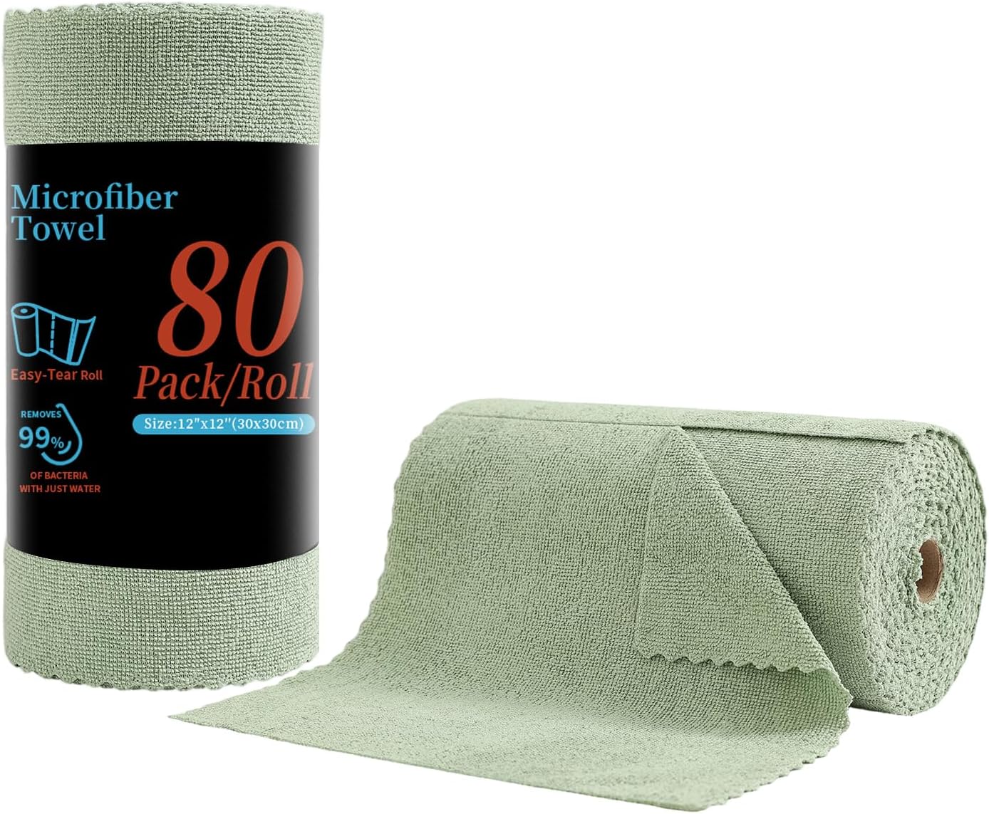 80 Pack Microfiber Cleaning Cloth Roll,Lint Free Rags & Tear Away Reusable Towels Washable Scratch,Ultra Absorbent Dish Rags(12" x 12") for Car Kitchen Home Garage-Green