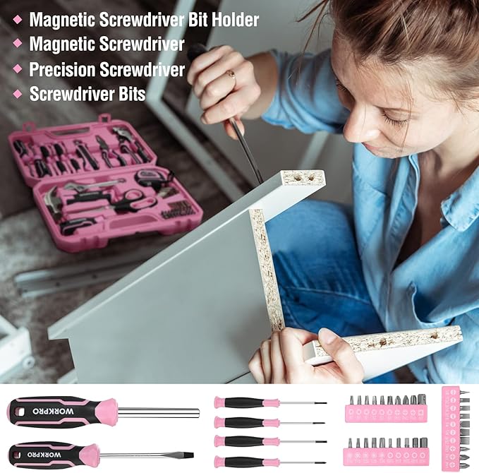 WORKPRO 52-Piece Pink Tools Set, Household Lady Tool Kit with Storage Toolbox, Basic Tool Set for Home, Garage, Apartment, Dorm, New House, Back to School, and as a Gift