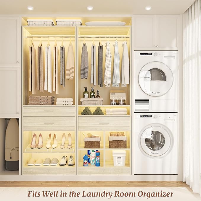 Unikito 50” W x 80'' H Closet Organizer Storage System with 2 Hanging Rod and 2 Wooden Drawers, Adjustable Shoes Rack, 4 Cubby Storage, Walk-in Closet Tower for Bedroom, Mudroom, Entryway, White Oak