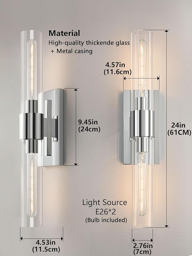 Chrome Tube Wall Sconces with Clear Glass, 24'' Modern Bathroom Vanity Light Fixtures for Bathroom Living Room Bedroom Hallway Fireplace Staircase(Bulb Included).