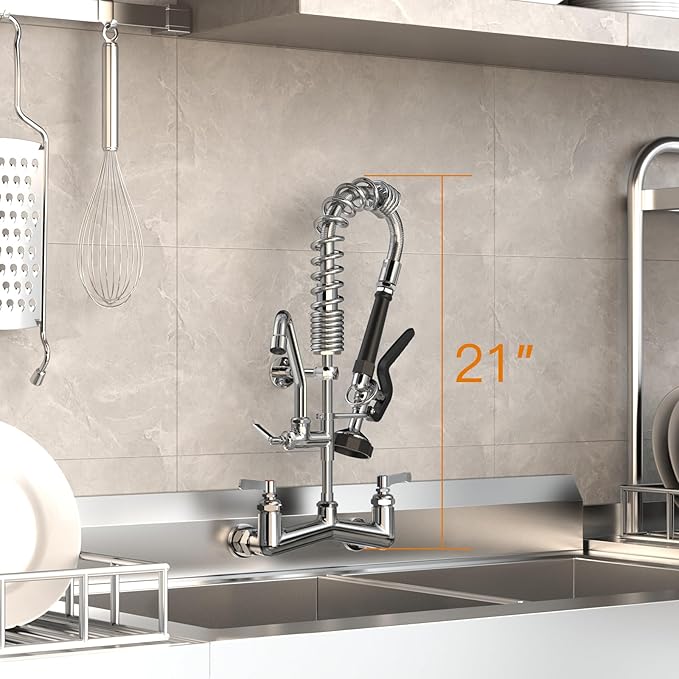 Commercial Sink Faucet with Sprayer 21" Height 8"Center Brass Constructed Wall Mount Commercial Kitchen Faucet with Pull Down Pre-Rinse Sprayer and 8" Swing Spout for 1/2 Compartment Sink（21"）