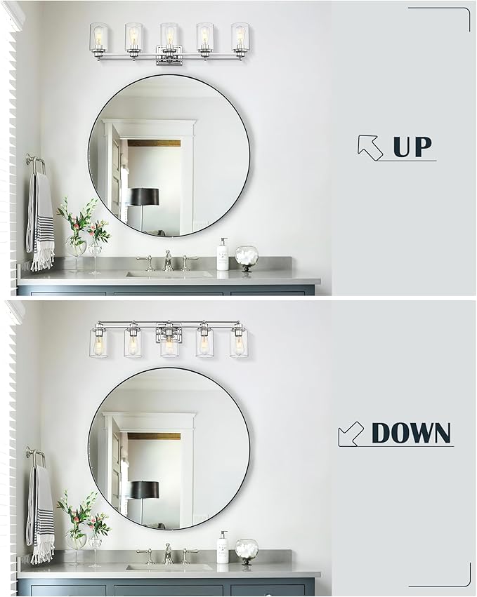 Chrome Vanity Light Fixtures, HWH 5-Light Bathroom Light Over Mirror, Modern Wall Sconce Lighting for Bathroom 37-inch, Chrome Finish, 5HLT63B-5W CH