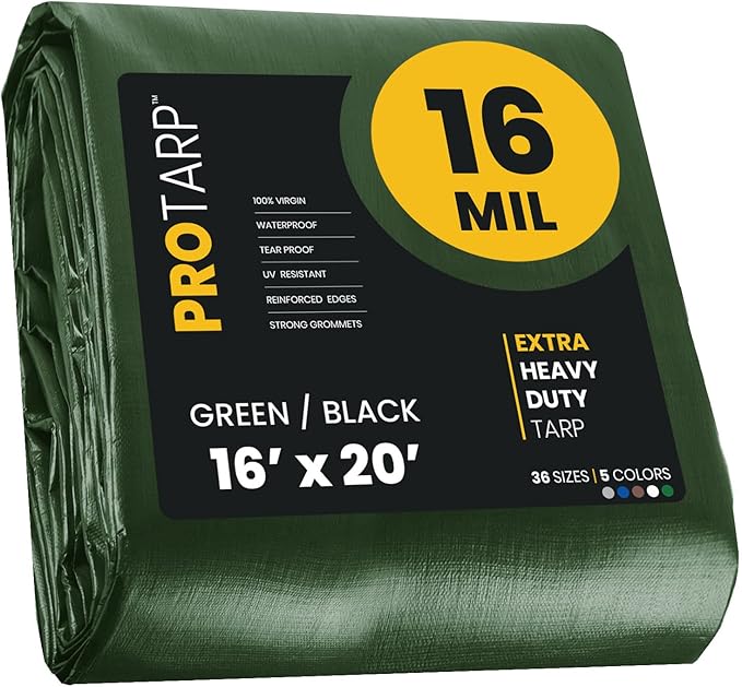 PROTARP Extra Heavy Duty 16 Mil Tarp Cover, Waterproof, UV Resistant, Rip and Tear Proof, Poly Tarpaulin with Reinforced Edges for Roof, Camping, Patio, Pool, Boat. (Green/Black 16′ X 20′)