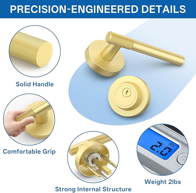 Amerdeco Front Door Lock Set with Double Cylinder Deadbolt, Black Exterior Entry Door Lever, Heavy Duty Entry Door Locksets for Left or Right Hand Exterior Door（Brushed Gold 2 Pack）