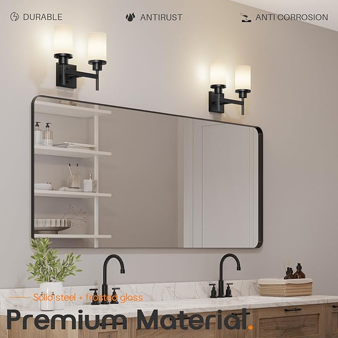 Wall Light Fixtures Matte Black Bathroom Vanity Lights Over Mirror with White Frosted Glass, Double Wall Lamps for Hallway Washroom Porch T001MB-L2