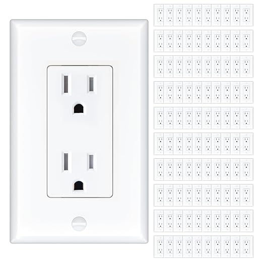 Amico 100 Pack 15 Amp Outlet, Standard Electrical Outlets, Tamper Resistant, 2-Pole 3-Wire Wall Outlet, 125V/1875W, NEMA 5-15R, Wall Plates And Screws Included, for Home And Business, White, UL Listed