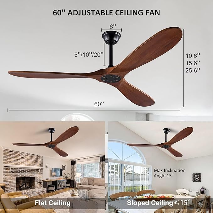 60 Inch Ceiling Fans Without Light, Solid Wood Ceiling Fan No Light with Remote and 3 Wood Blades,6 Speed Quiet DC Motor Indoor Outdoor Ceiling Fans for Patio, Living Room, Bedroom