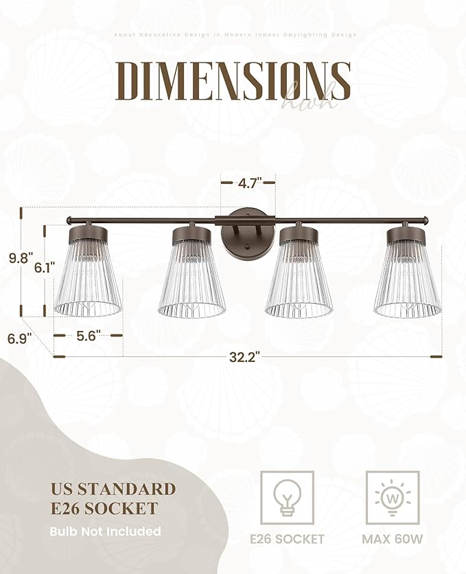 4-Light Bathroom Vanity Light, HWH Oil-Rubbed Bronze Bathroom Light Fixtures Farmhouse Vanity Lamp Over Mirror with Clear Striped Glass Shade, 5HZG97B-4W ORB