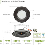ASD 6 Inch Retrofit LED Recessed Lighting | Metal Trim Bronze 12W 1078LM 120V 2700K-5000K Adjustable Ceiling Downlights | Triac Dimmable Wet Rated Room Can Lights, ETL Energy Star