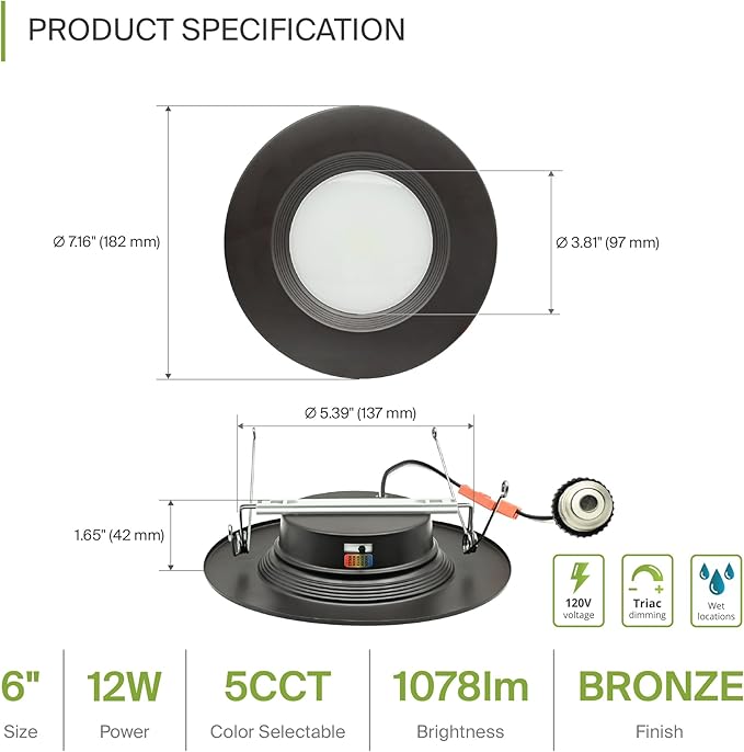 ASD 6 Inch Retrofit LED Recessed Lighting | Metal Trim Bronze 12W 1078LM 120V 2700K-5000K Adjustable Ceiling Downlights | Triac Dimmable Wet Rated Room Can Lights, ETL Energy Star