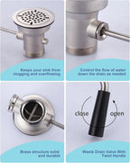 Commercial Sink Drain: 3-1/2" Sink Opening Waste Drain Valve - Brass Commercial Kitchen Sink Drain with Twist Handle - Prevents Sink Clogged Overflow for Commercial Restaurant Multi-Basin Sink