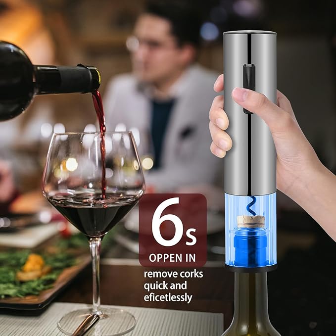 Electric Wine Bottle Opener Set- Silver, Automatic Wine Bottle Opener with Led Light, Rechargeable Corkscrew Kit with Aerator，Foil Cutter，Stoppers