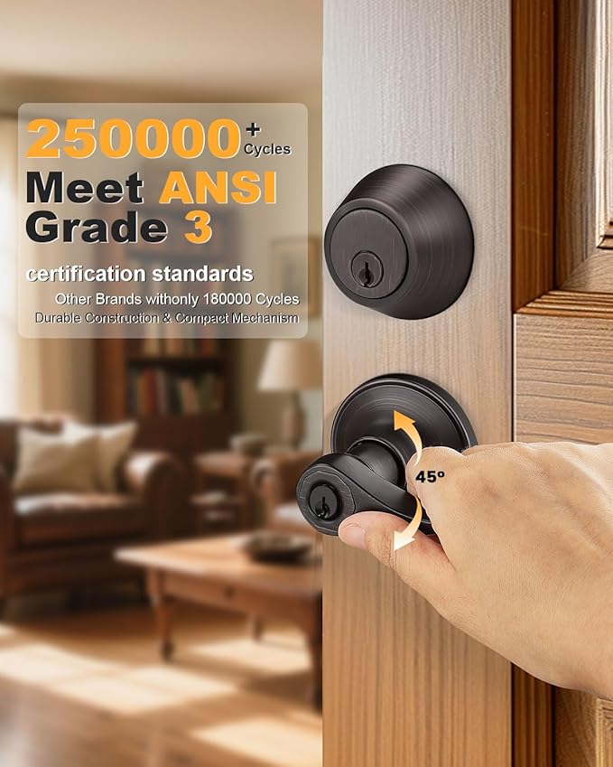 6 Pack Keyed-Alike Entry Lever and Single Cylinder Deadbolt Combination Locksets, Oil Rubbed Bronze Finish, Reversible Front Door Handleset with Handle and Deadbolt for Exterior Doors