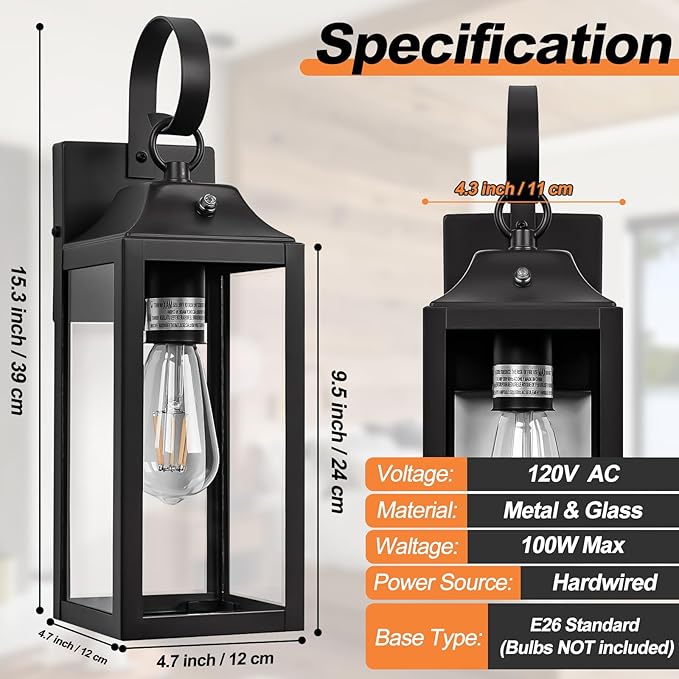 Dusk to Dawn Wall Lights 2 Pack, Black Outdoor Light Fixtures Wall Mount, 15 Inch Exterior Wall Sconces Waterproof, Large Outside Lights for House, Modern Wall Lanterns Clear Glass