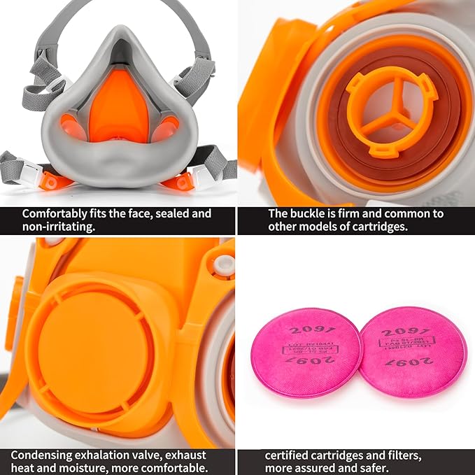 RANKSING Respirator Mask with Filters and Glasses to Against Dust Gases Fumes in Painting Spraying Sanding Orange/Pink