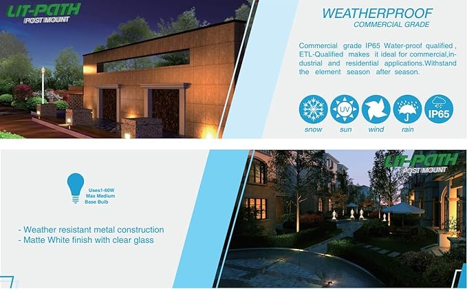 LIT-PaTH Outdoor Post Lighting Fixture Pole Lantern, E26 Medium Base Max 60W, Aluminum Housing Plus Clear Glass, Bulb Not Included, Matte White Finish, 1-Pack