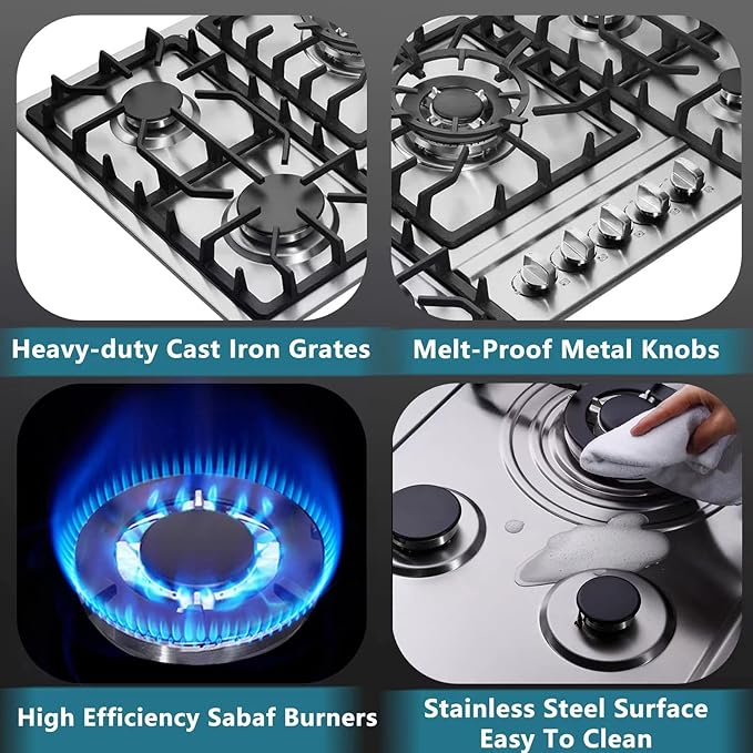 34 Inch Gas Cooktop Stainless Steel Built-in 5 Burners Gas Stovetop LPG/NG Convertible Gas Stove Top Dual Fuel Gas Hob DM5808