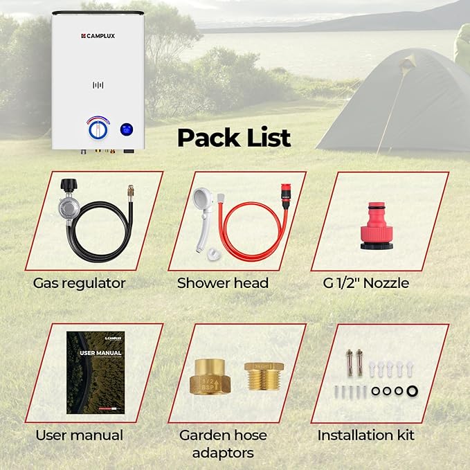 CAMPLUX First F10 Tankless Water Heater with 3-Level Adjustable & Foldable Handle, 2.64GPM, Screw-Free Design, 68,000 BTU Outdoor Portable Propane Water Heater for Camping, LED Digital Display, White