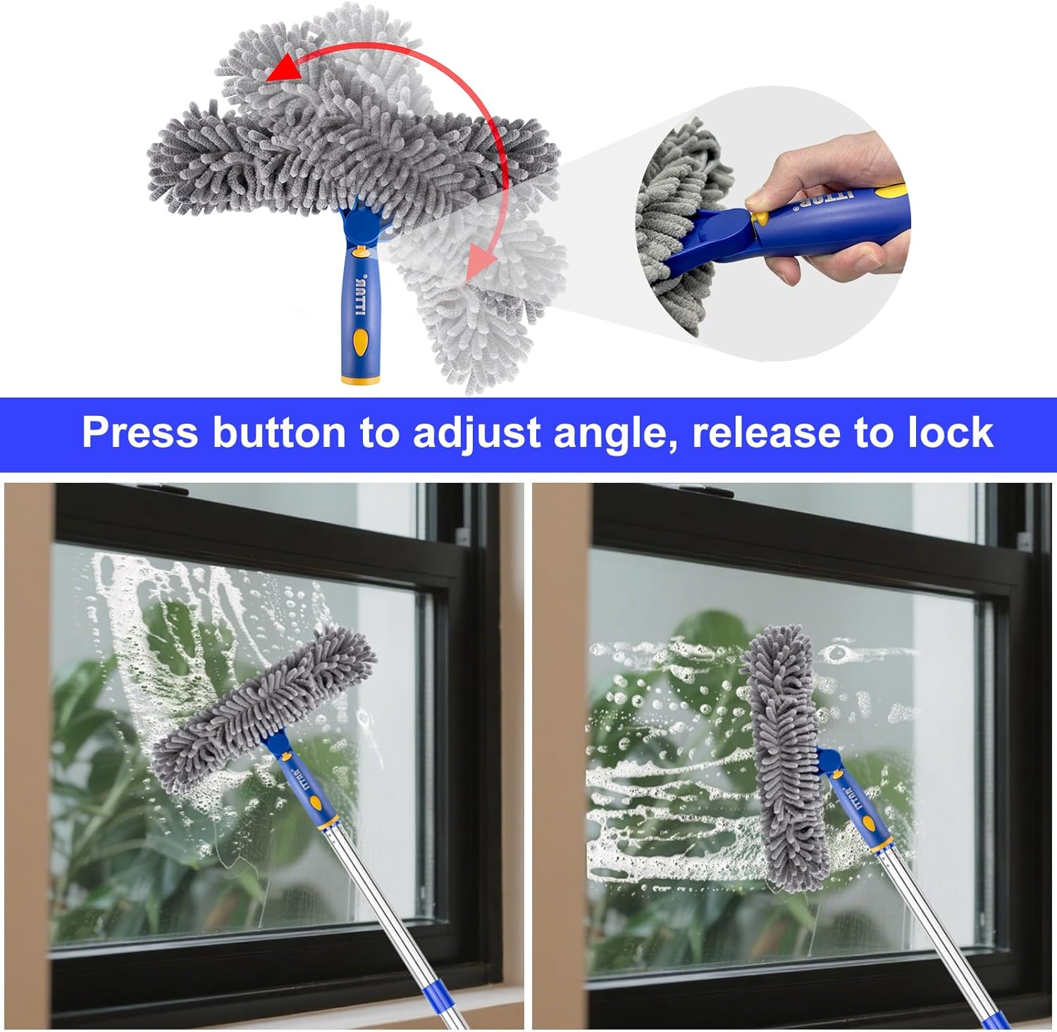 ITTAR Professional Window Cleaning Squeegee Kit, 7.15 Ft High Reach Cleaner Tool, Rotatable Window Washing Equipment with Extension Pole for Indoor/Outdoor Window, Glass, Car, 1 Blade 2 Scrubber