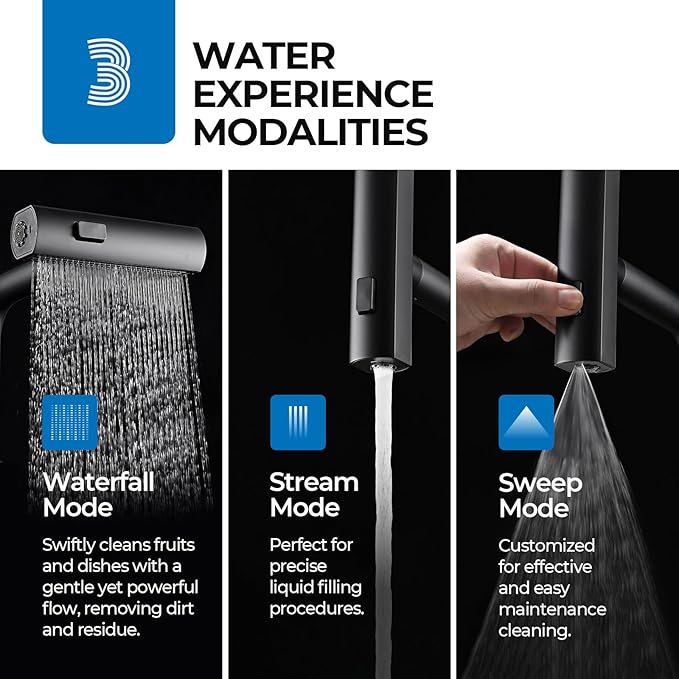 WEWE Waterfall Kitchen Faucet with Pull Down Sprayer, Black Kitchen Faucet with 3 Modes(Sweep/Stream/Waterfall) Swivel Switch Mode,Single Handle Kitchen Sink Faucet