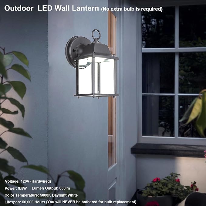 LIT-PaTH Outdoor LED Wall Lantern, Wall Sconce as Porch Lighting Fixture, 5000K Daylight White, 9.5W 800 Lumen, Aluminum Housing Plus Glass, Black Finish, 2-Pack