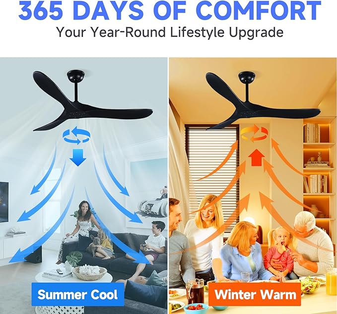 52" 3 Blade Ceiling Fan Without Light, Farmhouse Rustic Wooden Flush Mount Ceiling Fan no Light with Remote for Indoor/Outdoor - High End Silent Operation, Black, 52 Inch