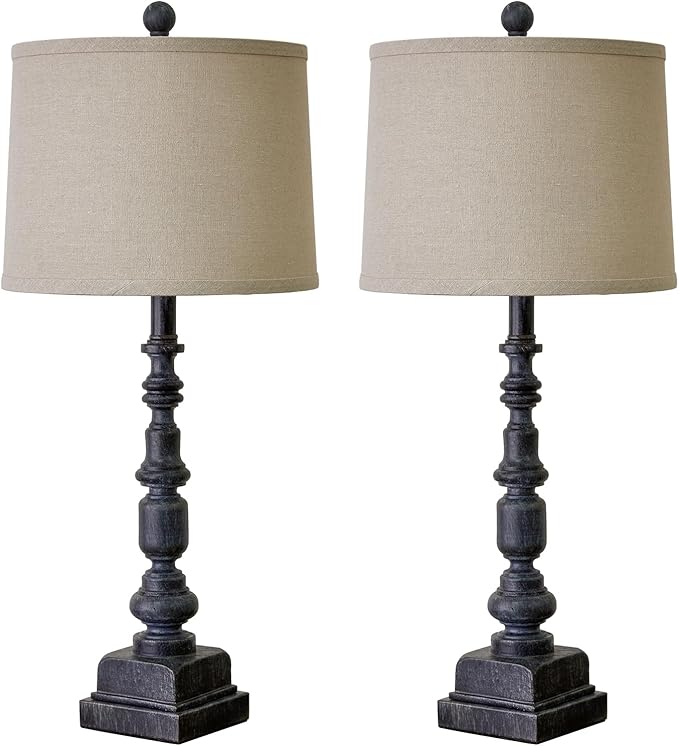 Oneach 27.75” Vintage Farmhouse USB A+C Table Lamps Set of 2 for Living Room Bedroom Traditional Bedside Nightstand Lamp Retro Resin Lamps Linen Shade Nightstand Home Office Antique Black Accent