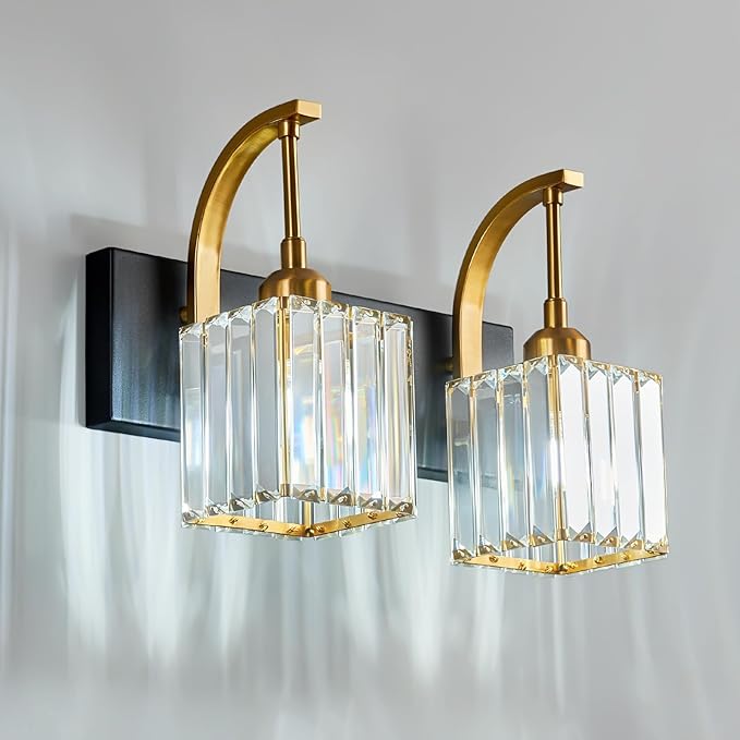 Crystal Vanity Lights 2-Light Black Gold Wall Lamp Modern Crystal Bathroom Light Fixtures Over Mirror 13.77" Long Bathroom Wall Sconce