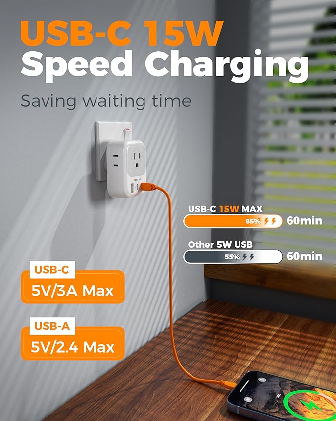 US to India Plug Adapter, TESSAN Type D Travel Adapter with 4 Outlets 3 USB (2 USB-C), Power Adaptor for USA to India Nepal Maldives Pakistan Bangladesh Sri Lanka Bhutan Yemen