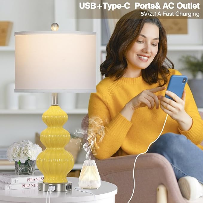Triple Gourd Ceramic Table Lamps Set of 2, Modern Yellow Bedside Lamps with USB A+C Ports & AC Outlet, 3 Way Touch Control Contemporary Nightstand Lamps for Bedroom Living Room