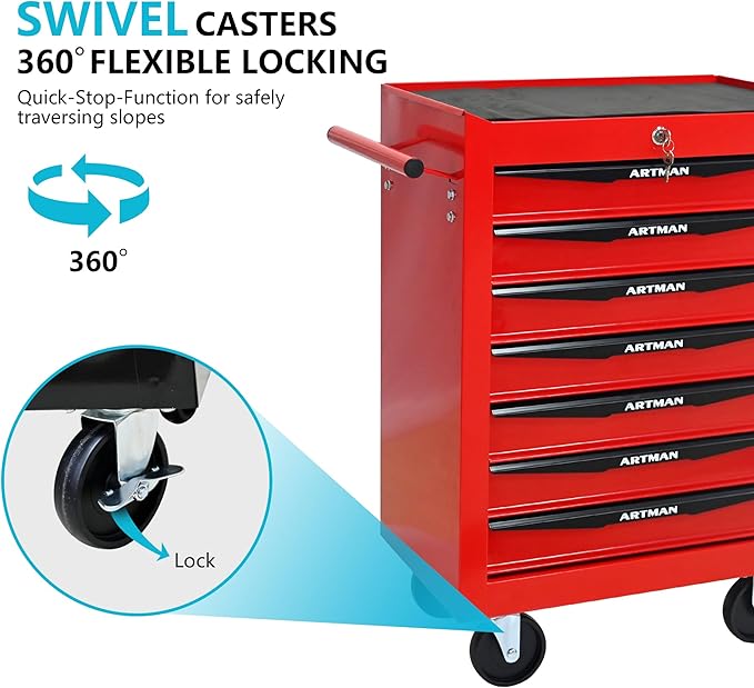 7 Drawers Rolling Tool Box on Wheels, Multifunctional Tool Chest Cabinet with Lock, Drawers Rolling Tool Cart Trolley Organizer Tool Storage Case for Warehouse,Garage,Workshop (Red)
