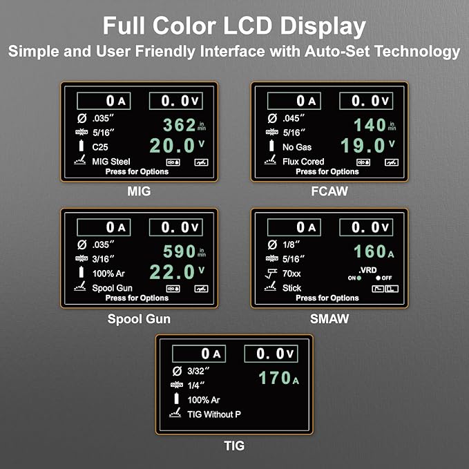 Weldpro 200 Amp MIG210LCD Dual Voltage 110V/220V 5 in 1 Multi-Process MIG/Fluxcore/Lift TIG/MMA Welder Aluminum Spool Gun Capable with Spot Timer and Auto-Set 3 Year Warranty Welding Machine