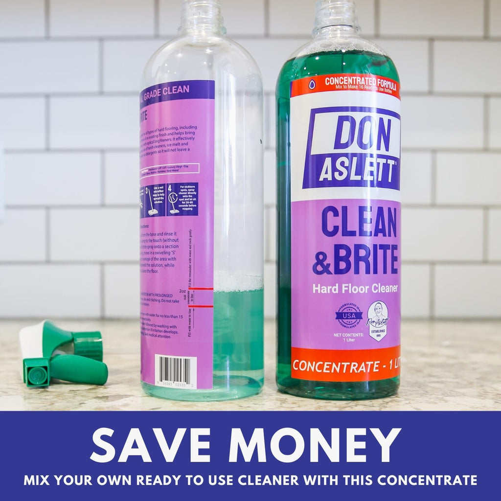 Don Aslett Clean & Brite Set (1 Quart Concentrate and 32 Oz Ready-To-Use Spray Bottle) Floor Cleaner | Restore Natural Shine of Hard Flooring Surface - Tile, Vinyl, Linoleum, Wood