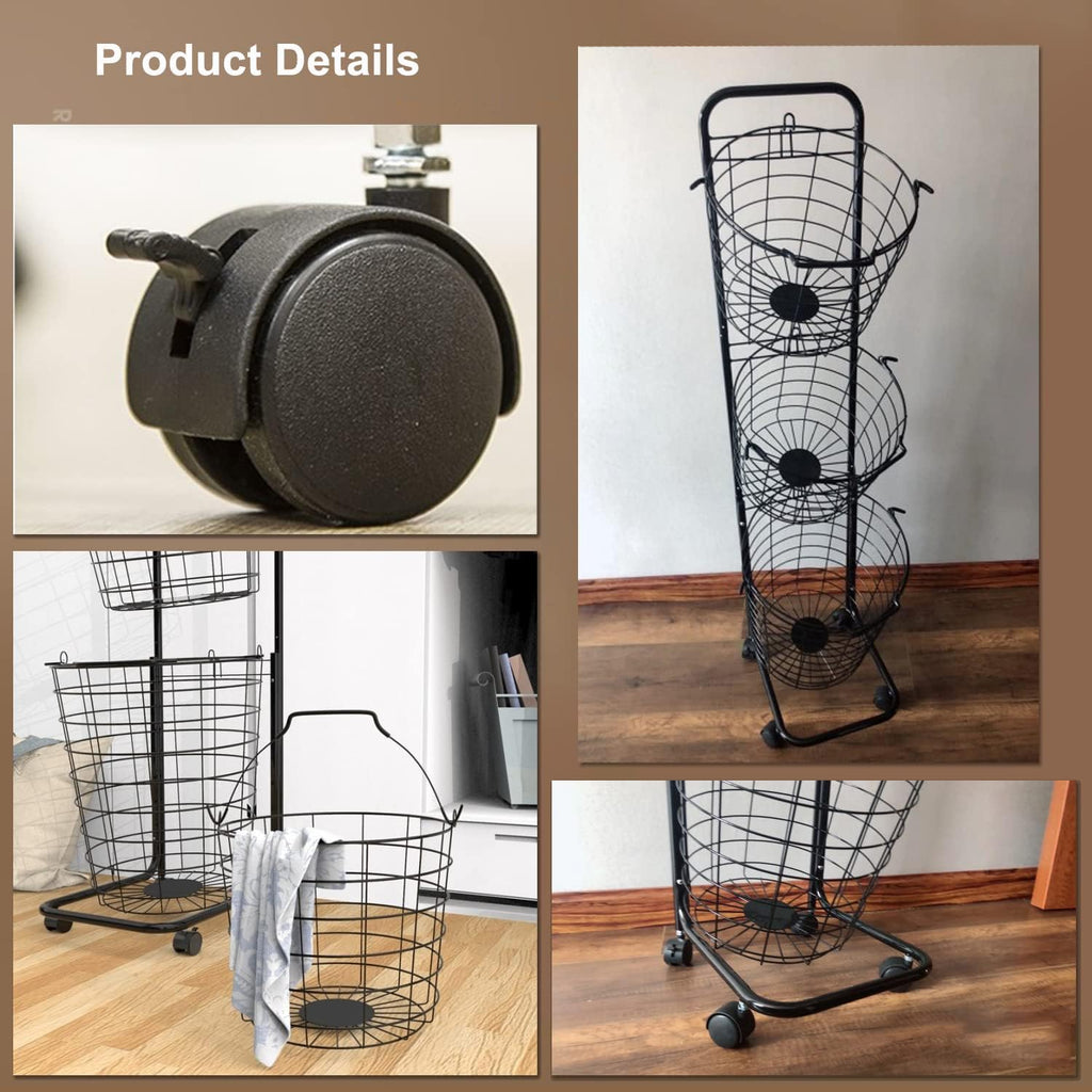 3 Tier Laundry Basket with Rolling Lockable Wheels Wire Metal Sorter Storage Trolley Shelf Basket Durable Metal Sorter Clothes Storage Trolley Shelf with Removable Hamper for Organizing Clothes
