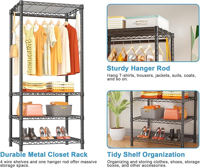 Ulif H4 Mini Portable Closet, 4 Tiers Freestanding Clothing Garment Rack for Small Space, Metal Clothes Wardrobe System for Bedroom, 23.6" W x 14" D x 76.4" H, Load 502 lbs, Black