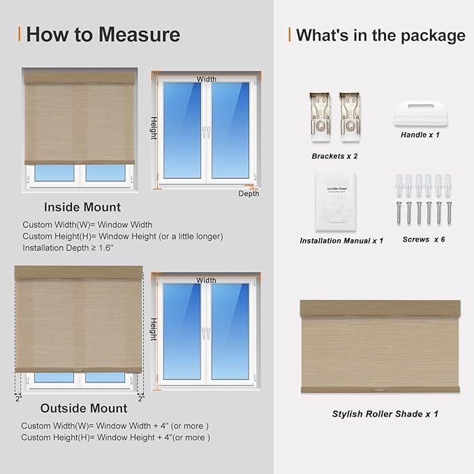 Persilux Light Filtering Cordless Free Stop Roller Blinds Natural Woven Stripes Fabric Thermal Insulation Privacy Roller Shades for Home,Office,Bedroom,Coffee Color(16" W x 36" H)