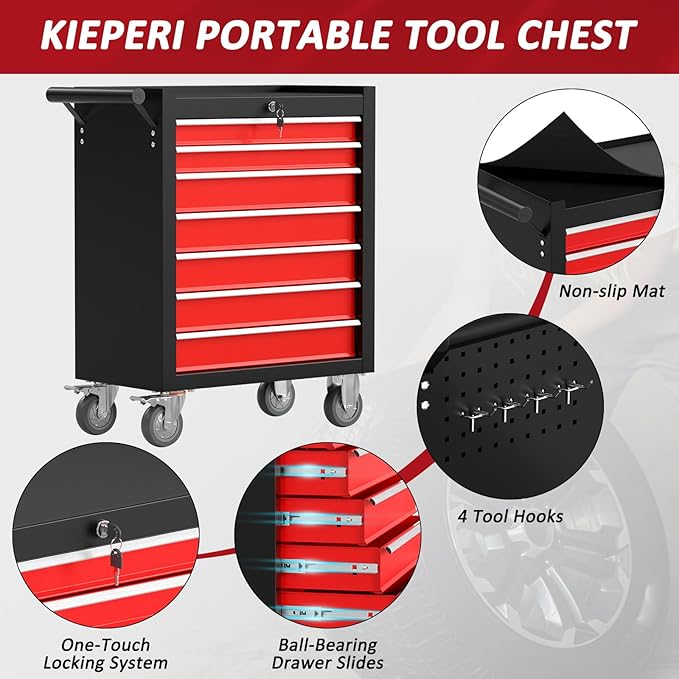 7-Drawers Rolling Tool Chest, Tool Chest with Wheels and Drawers, Rolling Box with Locking System, Tool Box with Wheels for Garage, Warehouse, Workshop (BlackRed)