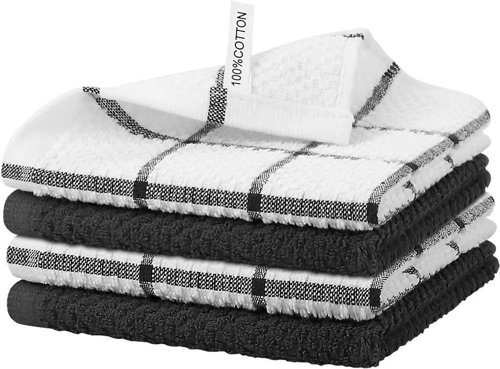 Nialnant 4PCS Cleaning Rags,100% Cotton Terry Dish Rags for Washing Dishes,Quick Drying Dish Cloths,Dish Towels for Kitchen,Black-12x12in