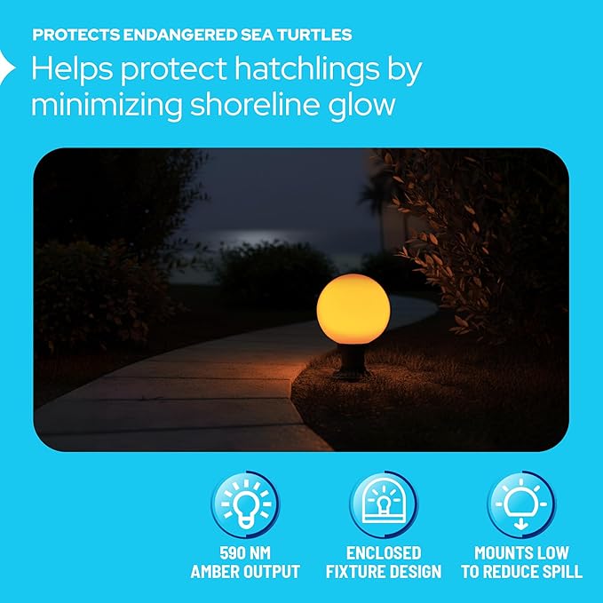 KastLite 590nm Amber LED Pier Mount Globe Light - Sea Turtle Friendly Outdoor Fixture - 7.5W Wildlife Safe Lighting for Coastal Porch Garden & Dock Use - Made in USA - White Acrylic Lens, Black Base