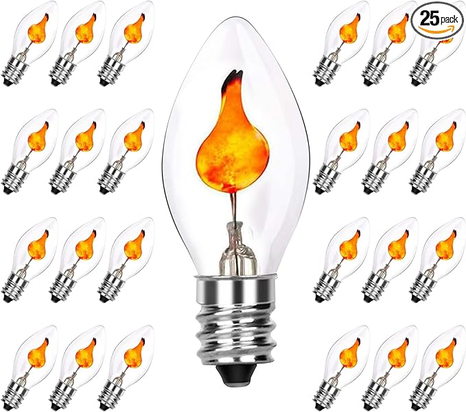 E12 Flickering Flame Light Bulbs, 25-Pack Faux Flame Light Bulbs for Outdoor Use, Energy-Efficient Fire Light Bulb, Flickering Night Lights for Halloween, Christmas, and Home Decor, UL Listed