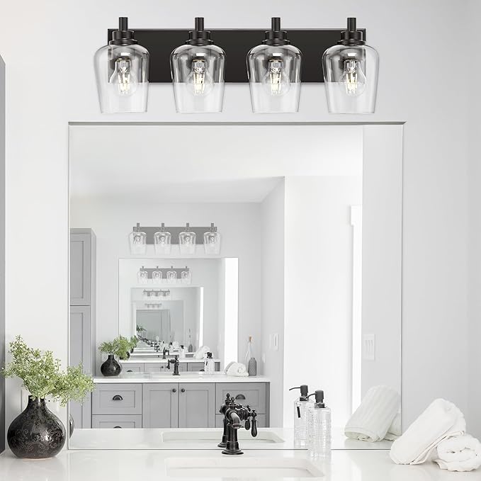 Bathroom Light Fixtures, 4-Light Modern Vanity Light with Clear Glass Wine Glass-Shaped Shade, Vanity Lighting Fixtures Over Mirror, Matte Black, VL155-MB-4
