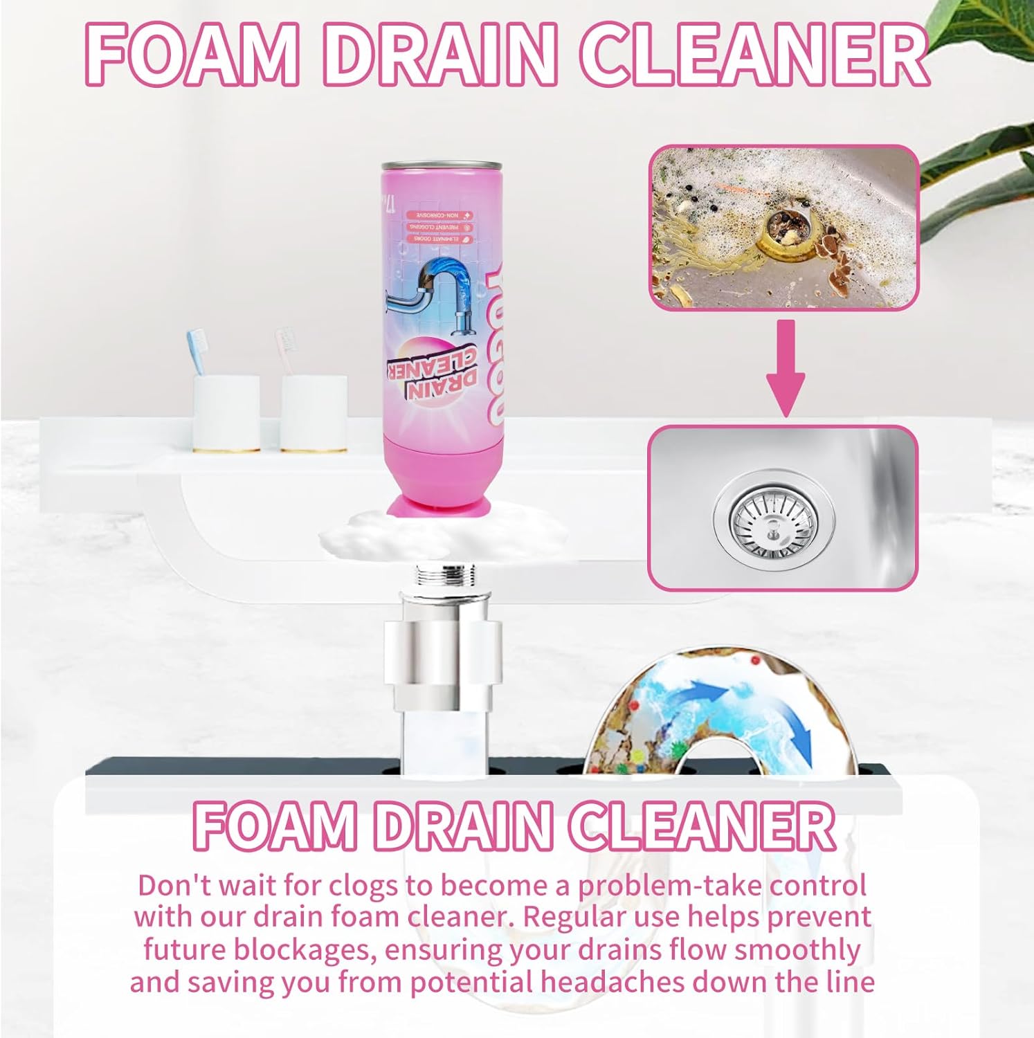 Foaming Drain Cleaner, Sink Cleaner and Deodorizer, Drain Clog Remover for Kitchen Sinks, Shower Drains, Tubs (1pcs)