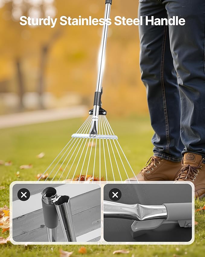 VEVOR Leaf Rake, 15 Metal Tines, Adjustable Garden Rake for Lawns with 7.5-22.4 Inch Wide Head & 32-63 Inch Long Handle, Heavy Duty Stainless Steel Small Leaves Tool for Gardening Camping Yard Grass