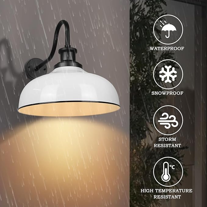 Outdoor Gooseneck Barn Light,14 Inch Dome Outdoor Wall Sconce Farmhouse Exterior Wall Mount Light Vintage Wall Lighting Fixture Industrial Wall Lantern for Porch, Entryway, Garage, RZ007M WH