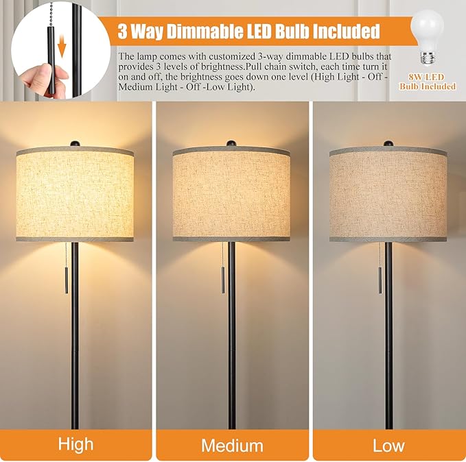 Floor Lamp for Living Room, 63in Black Standing Lamp, 3-Way Dimmable Floor Lamp for Bedroom, Tall Lamp with White Linen Shade for Office