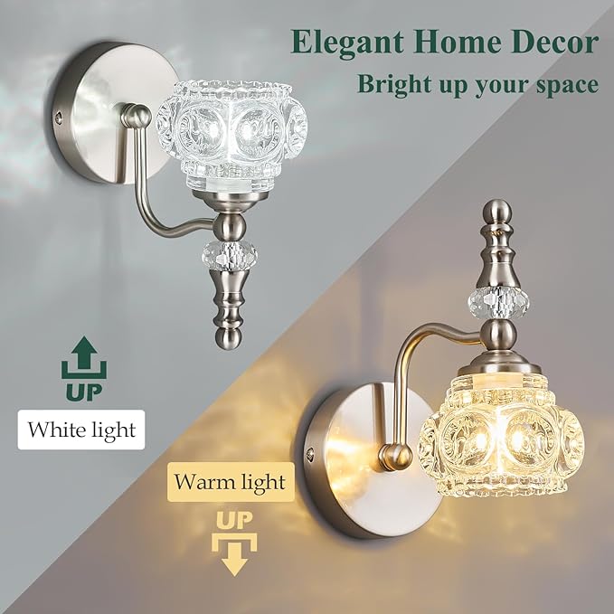 Modern Wall Sconce Set of Two Indoor Wall Lamp Nickel Vintage Wall Sconces Glass Wall Light Bathroom Vanity Light Fixture Wall Mounted Room Sconce Wall Lighting