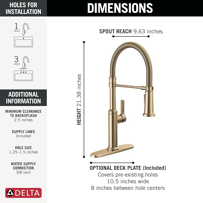 Delta Rhett Pro Style Commercial Kitchen Faucet with Pull Down Sprayer, Single Hole Brushed Gold Kitchen Sink Faucet, Single Handle, Champagne Bronze 18829-CZ-DST