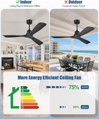 60 Inch Ceiling Fans Without Lights, 60" Outdoor Ceiling Fan No Light, 3 Wood Blades, 3 Downrods, Timer, 6 Speeds Modern Ceiling Fan with Remote Reversible DC Motor for Patios, Matte Black